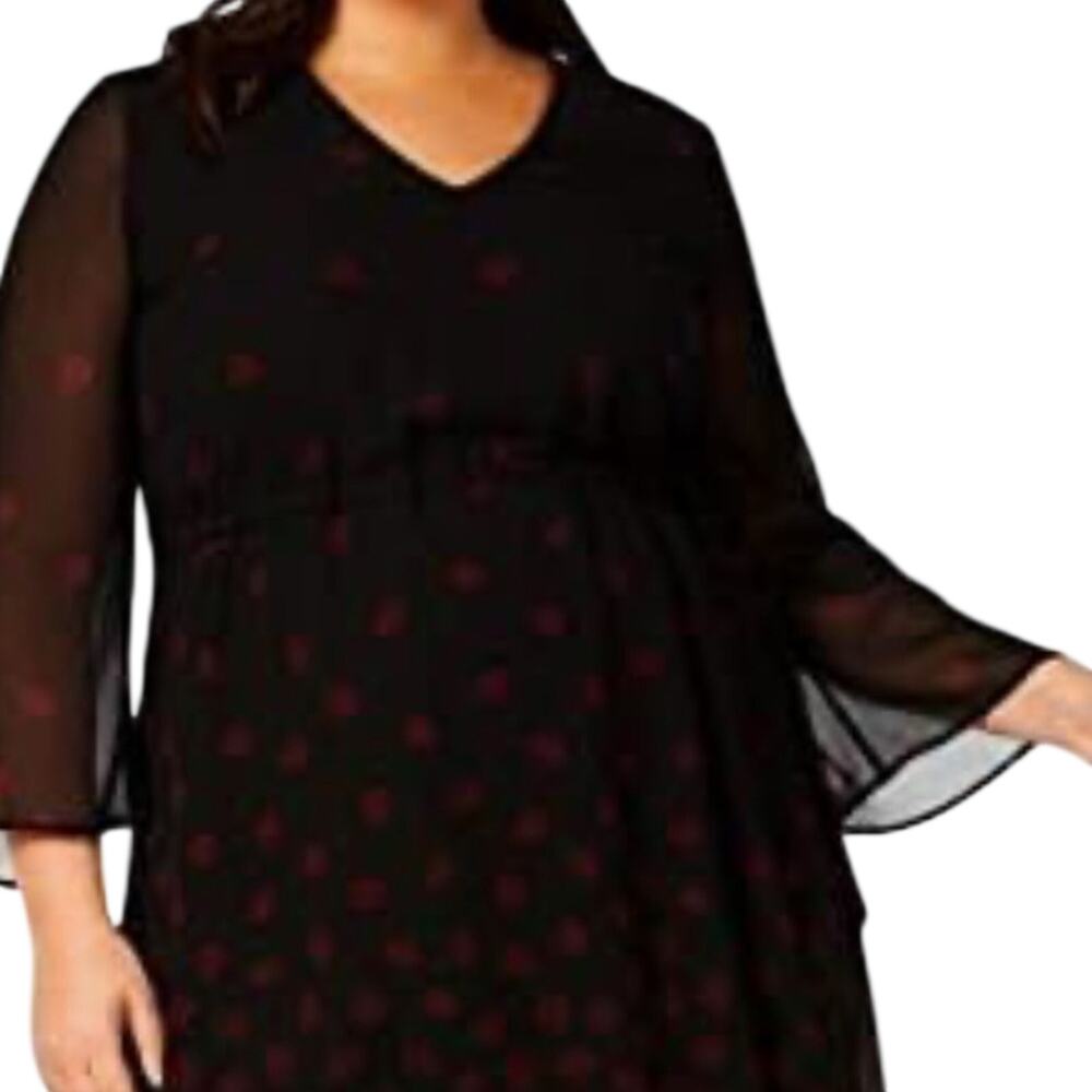 NWT Anne Klein Sheer Overlay Long Sleeve Cinch Drawstring Blk Red Midi Dress 18 - Picture 3 of 13